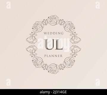 UL Initials Letter Hochzeitslogos-Kollektion, handgezeichnete, moderne, minimalistische und florale Vorlagen für Einladungskarten, Save the Date, elegant Stock Vektor
