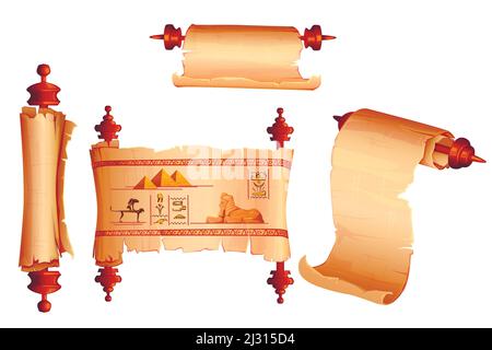 Alte Ägypten Papyrus Scroll Cartoon Vektor-Set, leer und mit Hieroglyphen und ägyptische Kultur religiöse Symbole, alte Sphinx und pharao Pyramide Stock Vektor