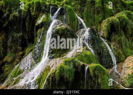 Wasserfall und moosbedeckte Felsen, Cascades des Tufs, Baume-les-Messieurs, Jura Department, Bourgogne-Franche-Comté, Jura, Frankreich Stockfoto