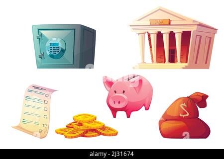 Geld sparen Cartoon Symbole Vektor Illustration. Pink Piggy Bank Ikone, Bank Gebäude, Safe, Tasche und goldene Münzen Haufen isoliert auf weißem Hintergro Stock Vektor