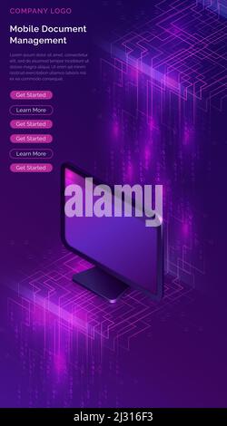 Document Manager Business Concept Vektor isometrische Illustration. Computer-Monitor auf lila ultravioletten Hintergrund mit Informationen Wasserfall oder Big d Stock Vektor