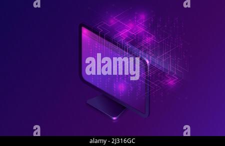 Document Manager Business Concept Vektor isometrische Illustration. Computer-Monitor auf lila ultravioletten Hintergrund mit Informationen Wasserfall oder Big d Stock Vektor