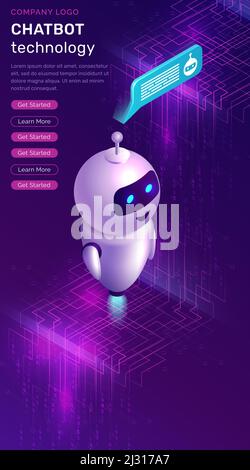 Chatbot Technologie isometrisches Konzept Vektor Illustration. Website Landing Page mit künstlicher Intelligenz, Roboter Figur und Text Blase oder Nachricht i Stock Vektor