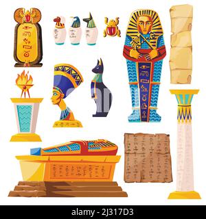 Alte Ägypten Vektor Cartoon-Set. Ägyptische Kultur Symbole Sammlung, goldene Sarkophag, religiöse Opferfeuer, Statuen der alten Götter und Nef Stock Vektor