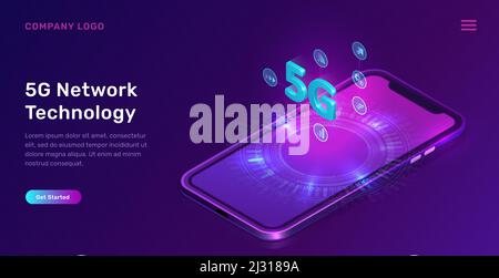 5G-Netzwerktechnologie, isometrische Konzeptvektor-Illustration. Smartphone-Bildschirm mit 5G Symbol Wireless Internet und Interface-Symbole isoliert auf Ultra Stock Vektor