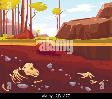 Archäologische Ausgrabungen, Cartoon-Vektor-Illustration. Naturlandschaft mit Bäumen, Bergen, grünem Gras und Grube. Unterirdischer Boden mit fossi Stock Vektor