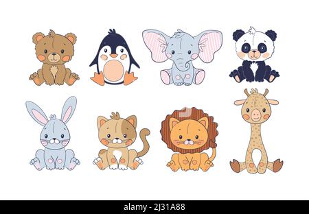 Ein Set niedlicher Dschungeltiere in einem schlichten skandinavischen Design. Kinder-Set aus Giraffe, Elefant, Löwe, Pinguin, Koala und Bär. Farbiger flacher Vektor Stock Vektor