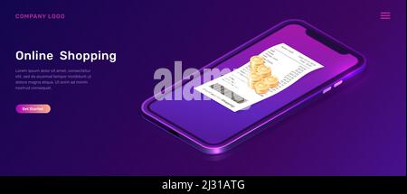 Online-Shopping, isometrische Konzept Vektor-Illustration. Smartphone-Bildschirm mit Papier-Check und goldenen Münzen isoliert auf ultraviolettem Hintergrund, landin Stock Vektor