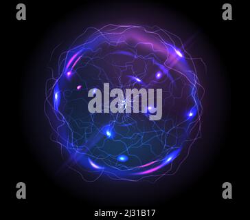 Elektrische Kugel oder Plasmakugel, realistische Vektordarstellung. Abstract Kugelblitz mit brennenden Strahlen oder leistungsstarke elektrische Entladungen isoliert auf Stock Vektor