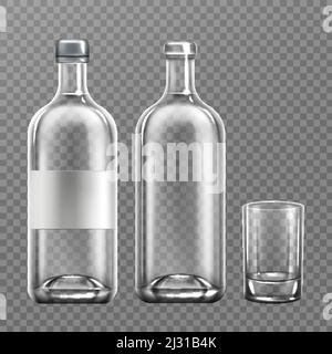 Wodka Glasflasche realistische Vektor-Illustration. Offene und geschlossene Alkoholverpackung mit klarer Flüssigkeit, mit leerem Etikett und leerem Trinken Stock Vektor