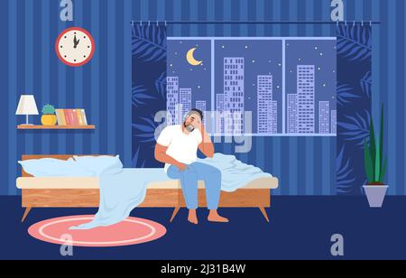 Der Mensch leidet an einer nächtlichen Schlaflosigkeit Stock Vektor