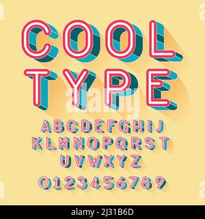 Coole isometrische Schriftartenvektordarstellung. Set von einzigartigen dekorativen rosa 3D-Typ, Kapital kalligraphischen Buchstaben und Zahlen mit Schatten isoliert Stock Vektor