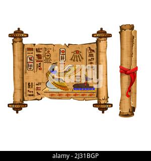 Alte Ägypten Papyrus Scroll Cartoon Vektor-Sammlung mit Hieroglyphen und ägyptische Kultur religiöse Symbole, alte Götter Isis und Anubis. Dekorieren Stock Vektor