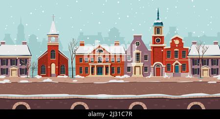 Urban Straße Winter Landschaft 18. Jahrhundert mit Wohn-, Regierung und Kirche Kolonialgebäude mit weißem Schnee, Retro-Cartoon-Vektor-Hintergrund Stock Vektor