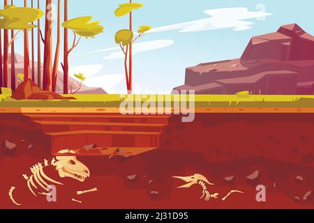 Archäologische Ausgrabungen, Cartoon-Vektor-Illustration. Naturlandschaft mit Bäumen, Bergen, grünem Gras und Grube. Unterirdischer Boden mit fossi Stock Vektor