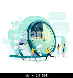 Termin- und Zeitmanagement Business Concept Vector. Große Uhren und eilige Arbeiter ziehen Uhr Hand mit Seil, versuchen, zu stoppen oder zu verlangsamen tim Stock Vektor