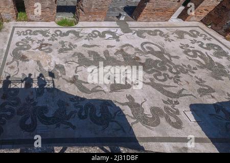 Rom, Ostia Antica, Terme di Nettuno, Mosaikboden, Schatten der Touristen auf der Aussichtsterrasse Stockfoto