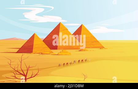 Wüstenlandschaft mit ägyptischen Pyramiden und Kamelen Wohnwagen, Cartoon-Vektor-Illustration. Heiße goldene Sanddünen mit Pyramiden am Horizont und beduinen w Stock Vektor