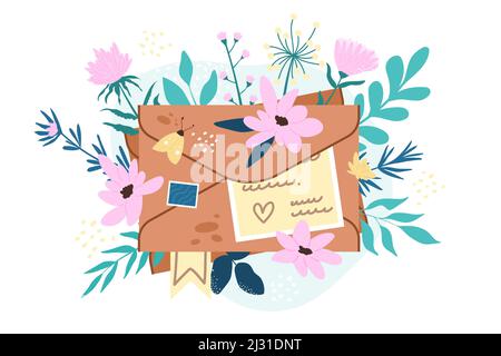 Umschlag mit floraler Komposition. Schöne Gruß Brief mit blühenden Blumenstrauß Cartoon Vektor Illustration Stock Vektor