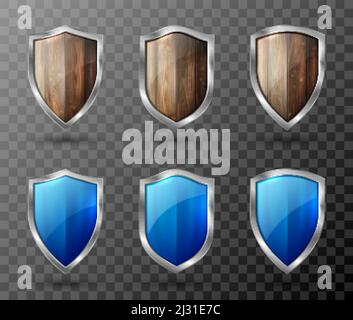 Holzschild Metallrahmen realistische Vektor-Illustration. Blank braun Holz, blaue Glas-Panel mit Reflexion Glow, Award Trophäe oder Zertifikat templa Stock Vektor