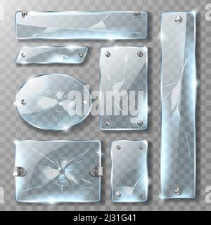Zerrissene Glasbanner oder -Platte mit Metallhalterung und Schrauben, realistische Vektorabbildungen. Blank gebrochene blaue Acrylglasscheibe mit Stahlverschluss und Stock Vektor