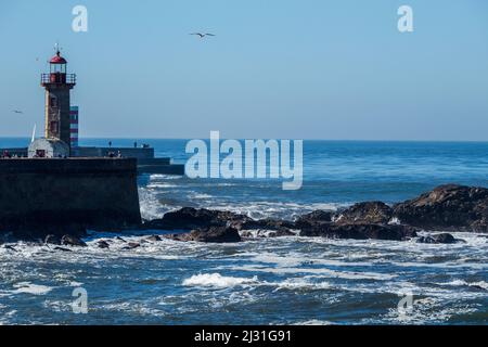 Felgueiras Leuchtturm und Meereslandschaft mit Menschen, die die Aussicht genießen. Der Leuchtturm Felgueiras liegt in einer kleinen Stadt außerhalb von Porto, Portugal. Stockfoto