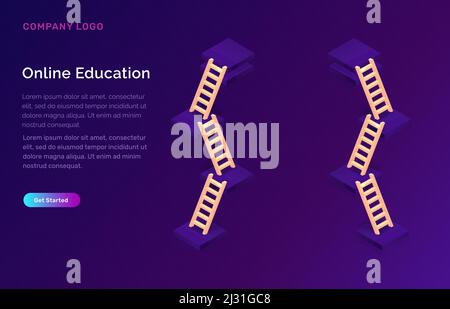 Online-Bildung, Erfolg Leiter isometrische Konzept Vektor Illustration. Mehrstufige Basen und Holztreppen auf violettem Hintergrund, Landung Website-Seite Stock Vektor