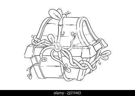 Holzkiste für Spiele. Skizze der Schatzkiste mit Liane bedeckt. Vektorgrafik isoliert auf weißem Hintergrund Stock Vektor