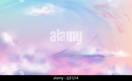 Himmel oder Himmel Hintergrund. Sonnenuntergang oder Sonnenaufgang Naturlandschaft mit rosa, weiß, blau und lila weichen flauschigen Wolken fliegen. Abend oder Morgen abstrakt V Stock Vektor