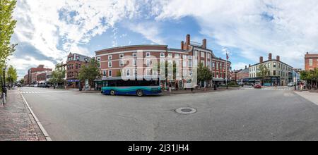 GLOUCESTER, USA - SEP 14, 2017: Marktplatz und alte historische Gebäude in Gloucester, USA. Stockfoto