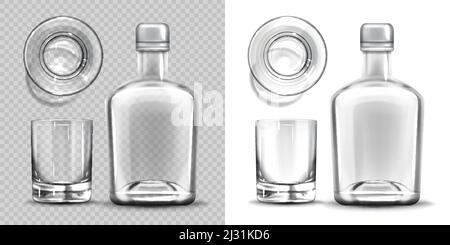 Flasche und Glas seitlich und von oben. Leere leere Flasche für Alkohol trinken Design-Vorlage Mockup isoliert auf transparentem und weißem Hintergrund. Stock Vektor