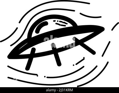 Eine einfache Ikone eines Raumschiffes, ein UFO, eine fliegende Untertasse. Handgezeichnete Skizze im Stil eines fliegenden UFO im Weltraum. Weltraumtransport isolierter Vektor illustrr Stock Vektor