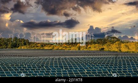 Solarfeld- und Windturbinen im Solartal bei Bitterfeld-Wolfen in Sachsen-Anhalt, Deutschland Stockfoto