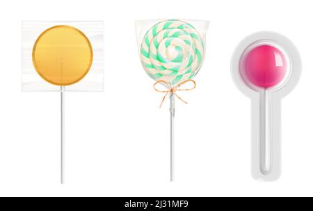 Lollipop Bonbons in transparenter Plastikverpackung isoliert auf weißem Hintergrund. Vektor realistische Mockup von runden Karamell auf Stick in durchsichtiger Verpackung. Symbole o Stock Vektor