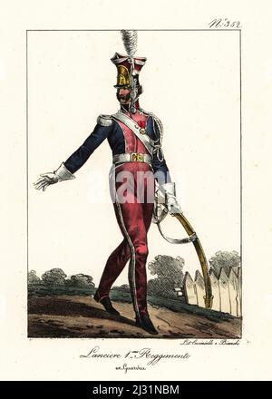 Uniform des 1. Polnischen Regiments der Kaisergarde für leichte Kavallerie, das 1807 erhoben wurde. Kurtka Helm mit Feder, blaue Uniform mit karmesinroten Revers, silberne Schulterklappen, karmesinrote Pantaloons mit silbernen Streifen, Säbel. Lancier 1er Regiment, ex-Garde. Handkolorierte Lithographie von Lorenzo Bianchi und Domenico Cuciniello nach Hippolyte Lecomte aus Costumi civili e militari della monarchia francese dal 1200 al 1820, Neapel, 1825. Italienische Ausgabe von Lecomtes zivilen und militärischen Kostümen der französischen Monarchie von 1200 bis 1820. Stockfoto