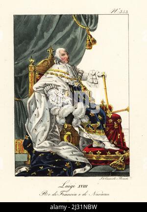 König Ludwig XVIII von Frankreich in Krönungsroben. Mit geplumtem Hut und Zepter, mit Ermin gefütterten Samtroben, bestickt mit goldenen Fleur-de-lys, sitzend auf einem Thron. Louis XVIII, ROI de France et de Navarre. Nach einem Gemälde von Francois Gerard. Handkolorierte Lithographie von Lorenzo Bianchi und Domenico Cuciniello nach Hippolyte Lecomte aus Costumi civili e militari della monarchia francese dal 1200 al 1820, Neapel, 1825. Italienische Ausgabe von Lecomtes zivilen und militärischen Kostümen der französischen Monarchie von 1200 bis 1820. Stockfoto