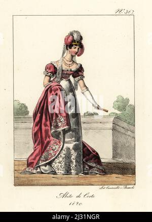 Französische edle Frau im Hofkostüm, Ära von König Louis XVIII. In gesticktem, hochtailliertem Kleid mit Puffärmeln und Kopfbedeckung. Costume de Cour, 1820. Handkolorierte Lithographie von Lorenzo Bianchi und Domenico Cuciniello nach Hippolyte Lecomte aus Costumi civili e militari della monarchia francese dal 1200 al 1820, Neapel, 1825. Italienische Ausgabe von Lecomtes zivilen und militärischen Kostümen der französischen Monarchie von 1200 bis 1820. Stockfoto