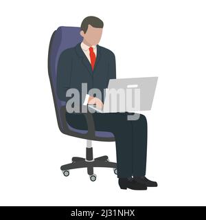 Person arbeitet mit Laptop über das Internet. Freiberuflicher Mitarbeiter, der online arbeitet. Freiberufler sitzt auf dem Stuhl und tippt smth mit dem Computer auf Runden. Flacher Vec Stock Vektor