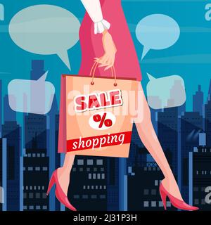 Poster Frau geht mit einer Tasche einkaufen, Super-Verkauf Rabatte. Shopping für einen Verkauf, Hintergrund Nacht Stadt. Vektorgrafik, Retro, Vintage Stock Vektor