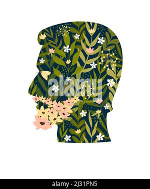 Rosafarbene und weiße Wildblumen auf Bart, Schmetterling und Blättern im Mans-Kopf. Cartoon Silhouette von Personen Profil voll von Pflanzen flache Vektor-Illustration. Beratung, Psychologen Therapiekonzept Stock Vektor