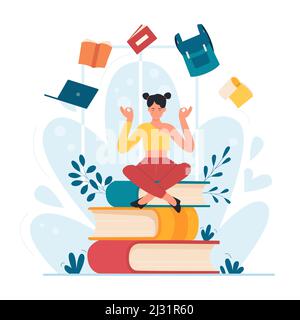 Yoga-Meditation des Schülers, der in Lotushaltung auf einem Stapel Bücher sitzt. Kleines Mädchen mit fliegendem Notebook, Lehrbuch, Laptop und Schulrucksack flache Vektor-Illustration. Bildung, Wellness, Studienkonzept Stock Vektor