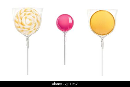 Lollipop Bonbons in transparenter Plastikverpackung isoliert auf weißem Hintergrund. Vektor realistische Mockup von runden Karamell auf Stick in durchsichtiger Verpackung. Symbole o Stock Vektor