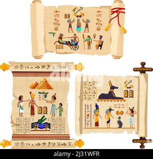 Alte Ägypten Papyrus Scroll Cartoon Vektor-Sammlung mit Hieroglyphen und ägyptische Kultur religiöse Symbole, alte Götter, Pyramiden, Skarabäus und Brummen Stock Vektor