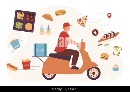 Lieferung von Lebensmitteln zum Mitnehmen von Bestellungen, Fast Food und Produkten durch den Lieferer auf Moped. Cartoon Kurier liefern Box auf Motorroller flache Vektor-Illustration. Konzept der mobilen Lieferung an die Tür adressieren Stock Vektor