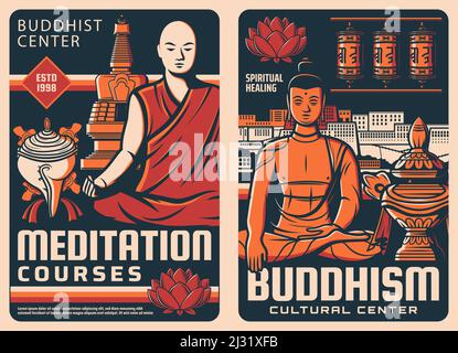 Retro-Poster zur Buddhismus-Religion. Buddhistisches Kulturzentrum, Meditationskurse und Vintage-Poster der orientalischen Philosophieschule mit meditierenden buddhistischen Mönchen und Buddha, Muschelschalen und Gebetsrädern im Tempel Stock Vektor