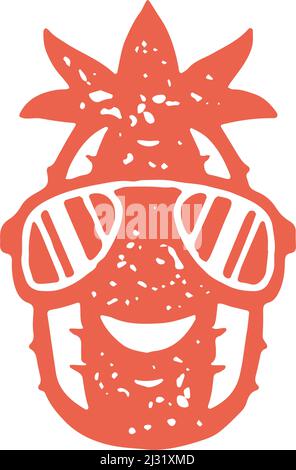 Minimalistisches einfaches Logo rote Ananas Sonnenbrille lächelt mit positiven Emotionen dekoratives Design Grunge Textur Vektor Illustration. Monochrom Hand dr Stock Vektor