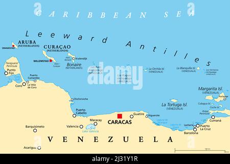 Politische Landkarte der Leeward Antillen. Inselkette in der Karibik. Von Aruba, Curacao und Bonaire nach La Tortuga und Margarita Island. Stockfoto