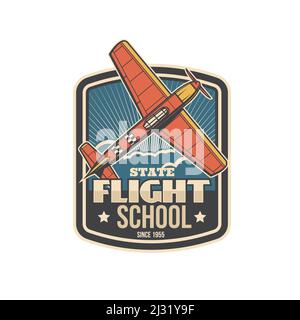 Flugschule Symbol mit Flugzeug, Piloten Akademie und Luftfahrt Bildung Vektor Abzeichen. Aviator Schule und Flüge Trainingszentrum für zivile Luftfahrt oder avia Instruktorkurse Stock Vektor