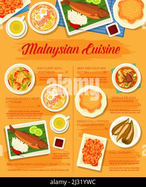 Malaysische Küche Restaurant Menüseite. Grüne Chilischoten gefüllt mit Fisch, Kuih Bakar Pandan und Chilischarben, Fischurrbis, Rippensuppe Bak Kut teh und gegrilltem Fisch mit Kokosnuss, Soto Ayam-Suppe Stock Vektor