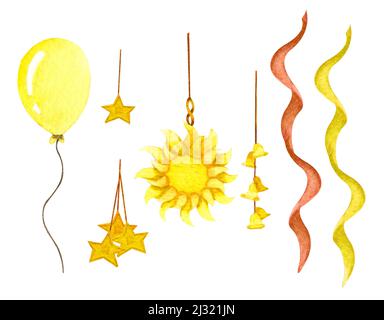 Aquarell Weihnachten und Neujahr Dekorationen in goldenen Farben. Es kann zum Einwickeln von Papier, Karte, Postkarte, Plakat, Banner verwendet werden Stockfoto